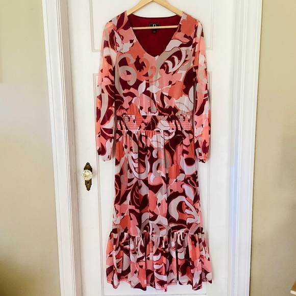 Tiered Midi Dress S Wine Burgund Multi print long sleeve boho peasant cottage - Picture 14 of 15